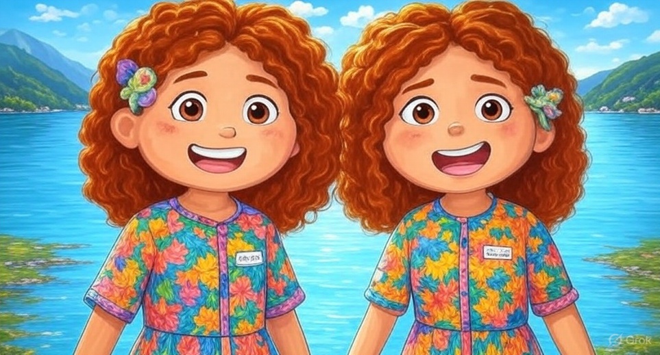 Twin girls reading books at night under starry sky